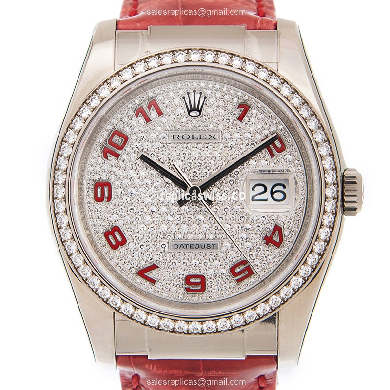 Rolex Lady Datejust Replica - 18kt White Gold - Diamond Case - Silver Dial - Automatic - Red Alligator Strap